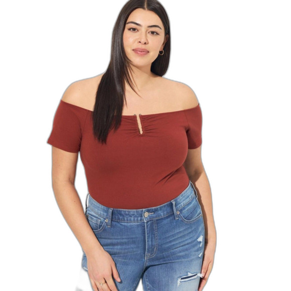 Torrid NWT Fire Brick Foxy U-Bar Off Shoulder Short Sleeve Top size 6x 30 - Picture 7 of 7